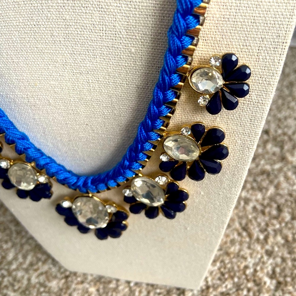 Navy Crystal Floral Statement Blue and Gold Flower Gem Chunky Bauble Necklace